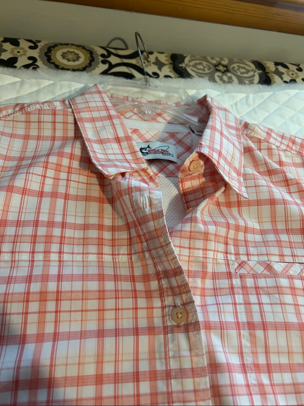 Plaid Button-Up Shirt in Coral and White